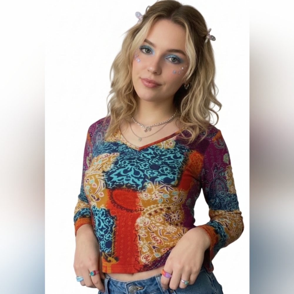 Pierre Cardin Womens Y2K Patchwork Fitted Rib Knit Top Small Fairy Boho Hippie